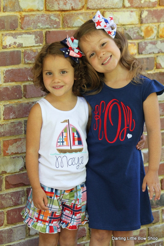 4th of July dress for girls, Navy dress with red monogram