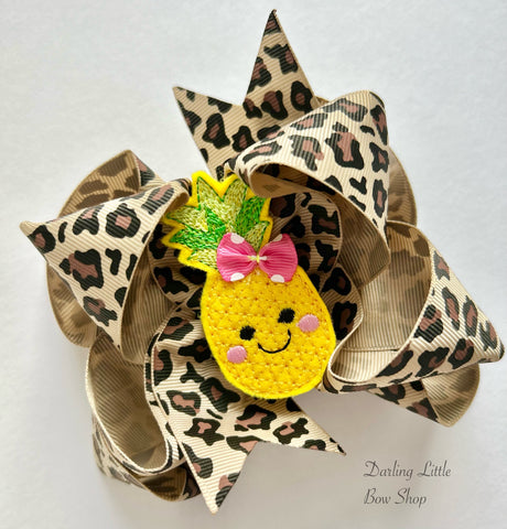 Pineapple Bow -- large bow in leopard print with pineapple center