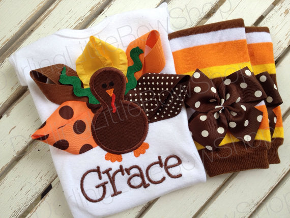 Thanksgiving Outfit Baby Girl – Turkey good Embroidered Bodysuit, Headband & Legwarmers Set Personalized with Name