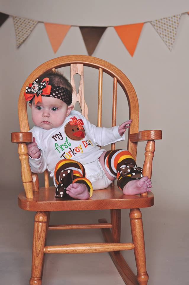 Thanksgiving Outfit Baby Girl – Turkey Embroidered Bodysuit, Headband & Legwarmers Set Personalized buy with Name