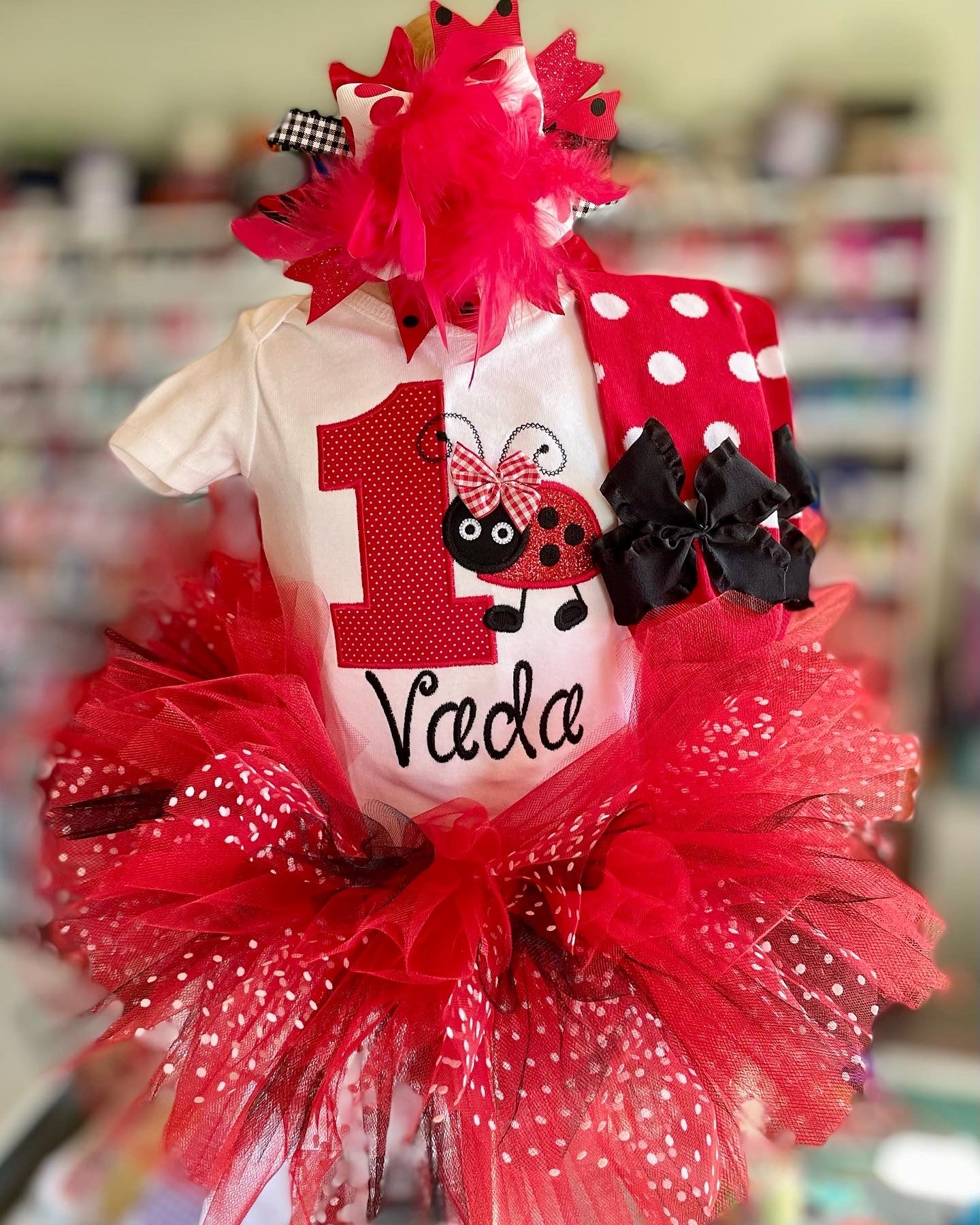 Ladybug First Birthday Tutu Outfit in red and black