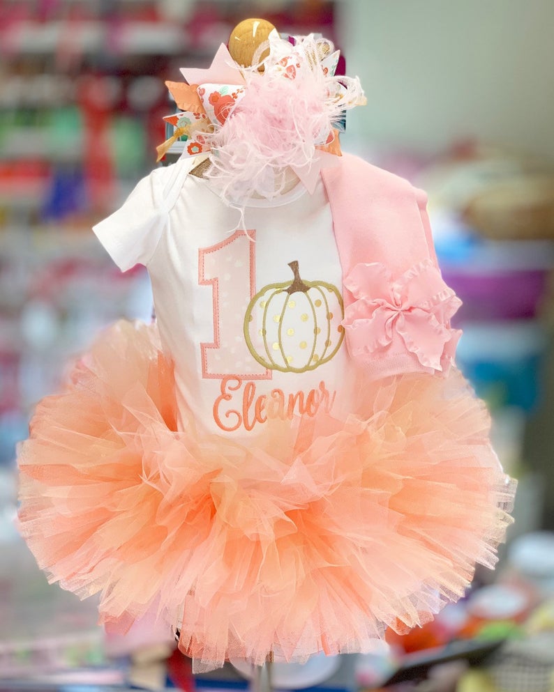 Girl's Pumpkin 1st Birthday Outfit, pumpkin, high quality one, first birthday, girl's fall birthday outfit, fall tutu, pink tutu, bow, tutu, 1, silver